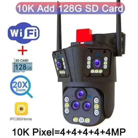10K UHD-20X Optical Zoom Outdoor Wifi Surveillance Camera 6K WaterprooI Automatic Tracking PTZ Five-lens Three-screen IP CCTV
