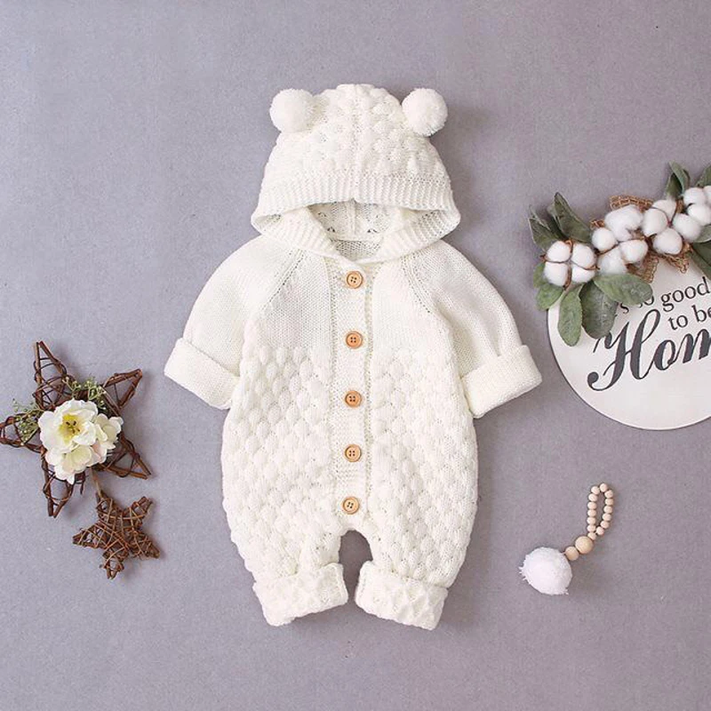 

Spring Baby Clothes Girls Romper Autumn Long Sleeve Baby Boy Knitting Jumpsuit Toddler Pure Color Hooded Rompers