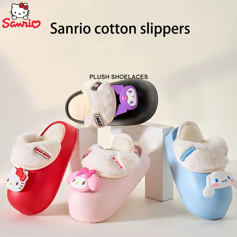 

Зимние тапочки Sanrio Kuromi Hello Kitty My Melody, Мультяшные водонепроницаемые хлопковые тапочки на толстой подошве, домашние антискользящие тапочки, подарок