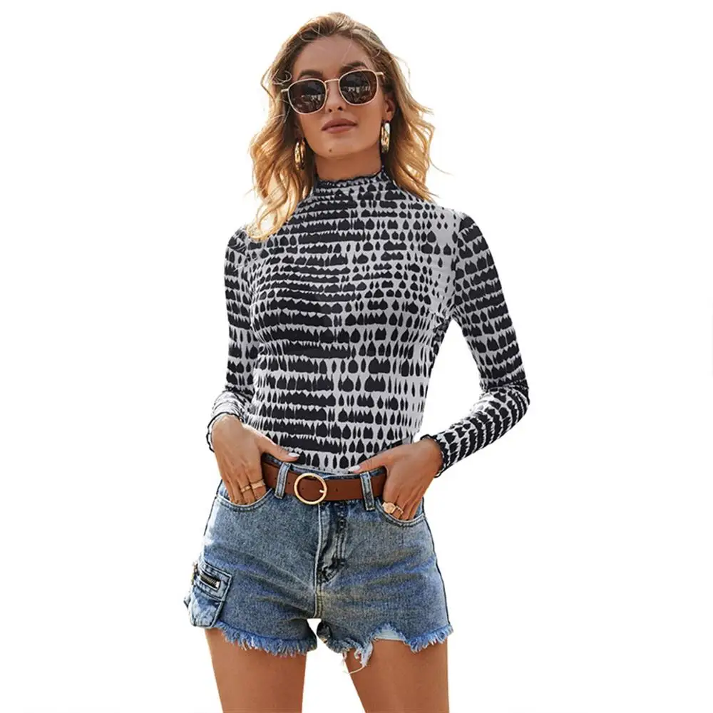 

Women Casual Long Sleeves Printed Pullover Sweatshirt Ladies Slim Fit High Neck Tops Outwearing Shirt Clothes Casual Tops