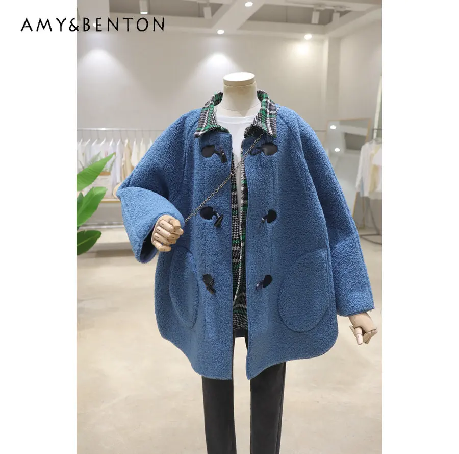 

Женское твидовое пальто в клетку, свободное утепленное пальто средней длины из овечьей шерсти на пуговицах, с меховой отделкой, Осень-зима