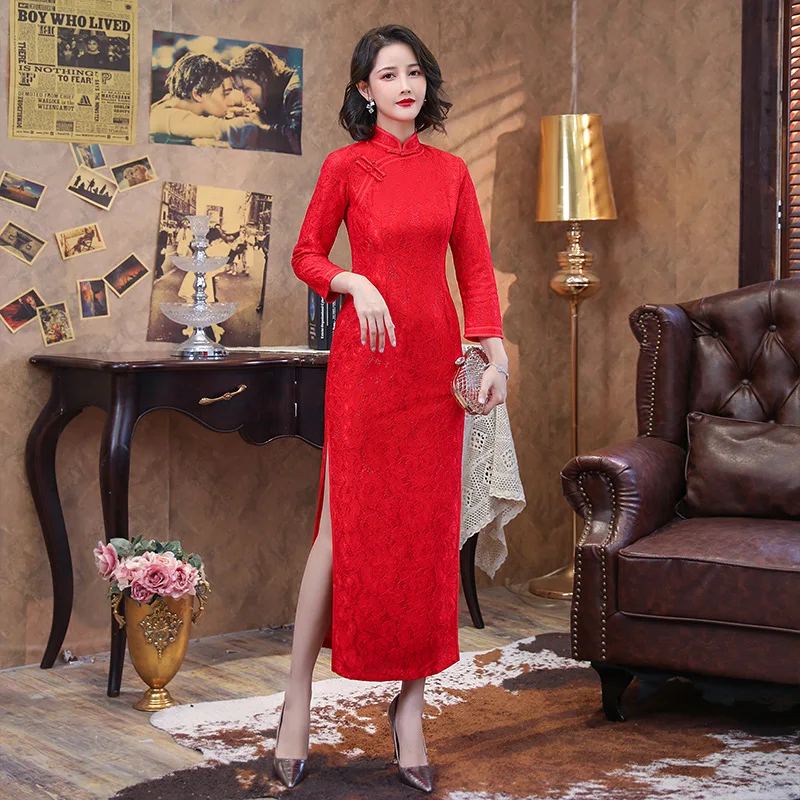 

Red Sexy Lace Long Sleeve Cheongsam Lady Flower Wedding Party Dress Gown Mandarin Collar Qipao Plus Size S-5XL Veatidos