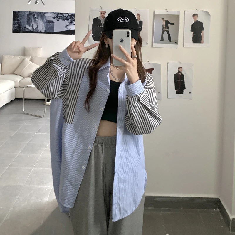 

Vintage Tide Street Loose Chic Patchwork Shirts For Women Fashion Lapel Spring 2022 New All-Match Long Sleeve Blouser Female Ins