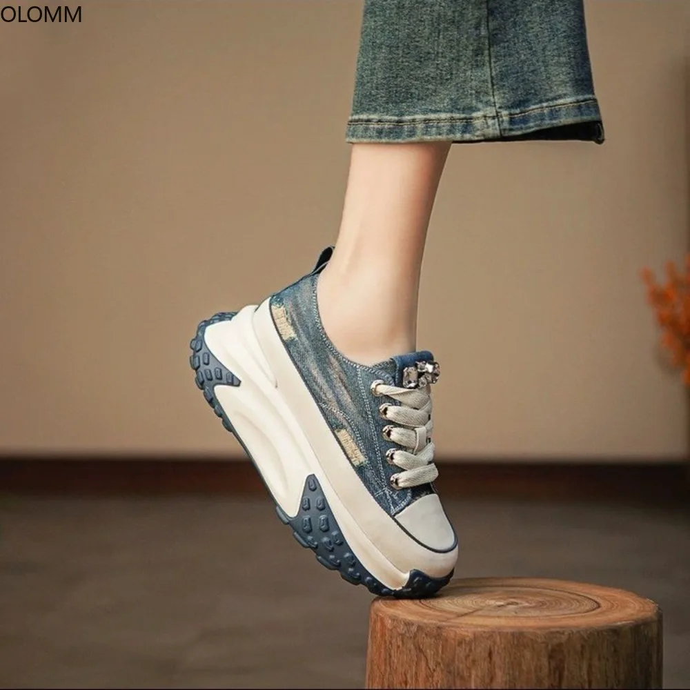 

Sneakers Rhinestones Womens Denim Jeans Lace Up Platform High Heel Oxfords Casual Sport Shoes