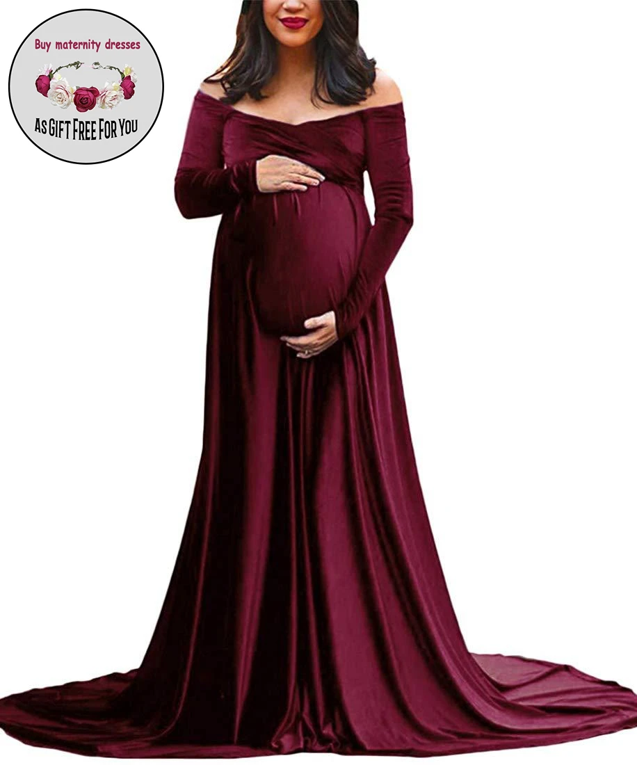 

Women Deep V-neck Pregnant for Photography dress Off Shoulder Golden velvet Maxi Dresses Maternity Gown Props Photo Shoot