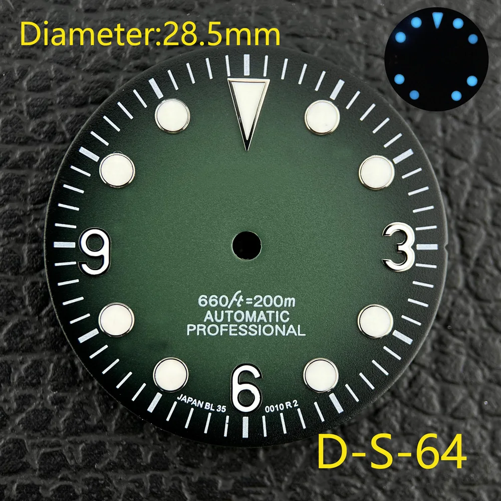 28.5mm SKX007 Dial Modified Green/Blu Luminous Dial Fit NH35 H36 Movement 3/3.8 O'clock With S Logo