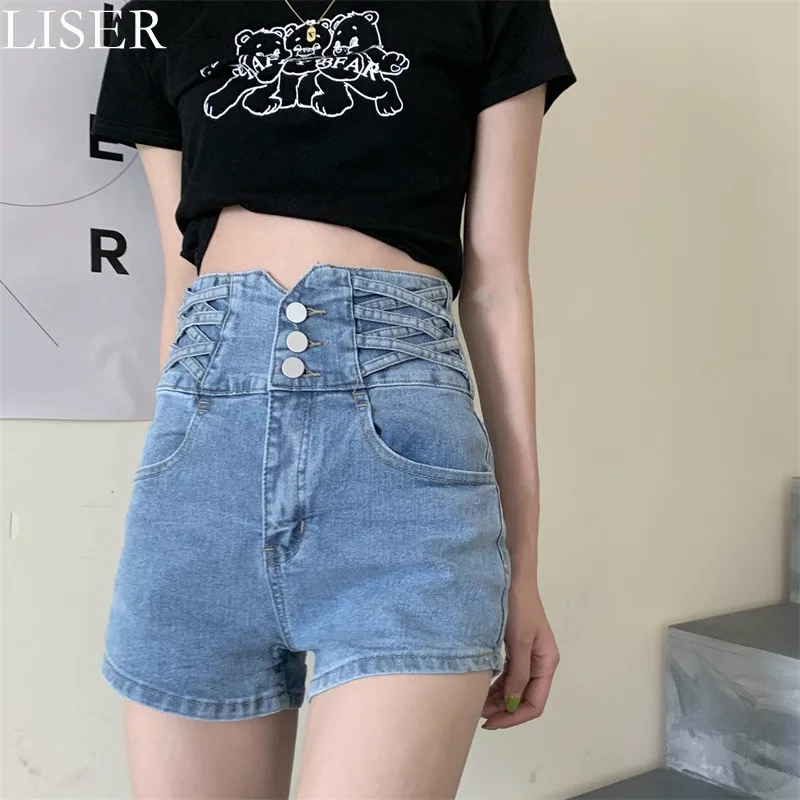 

2022 New Women'S Denim Shorts Summer Thin High Waist Slim Shorts Solid Color Straight Button Casual Denim Shorts Black LL1190