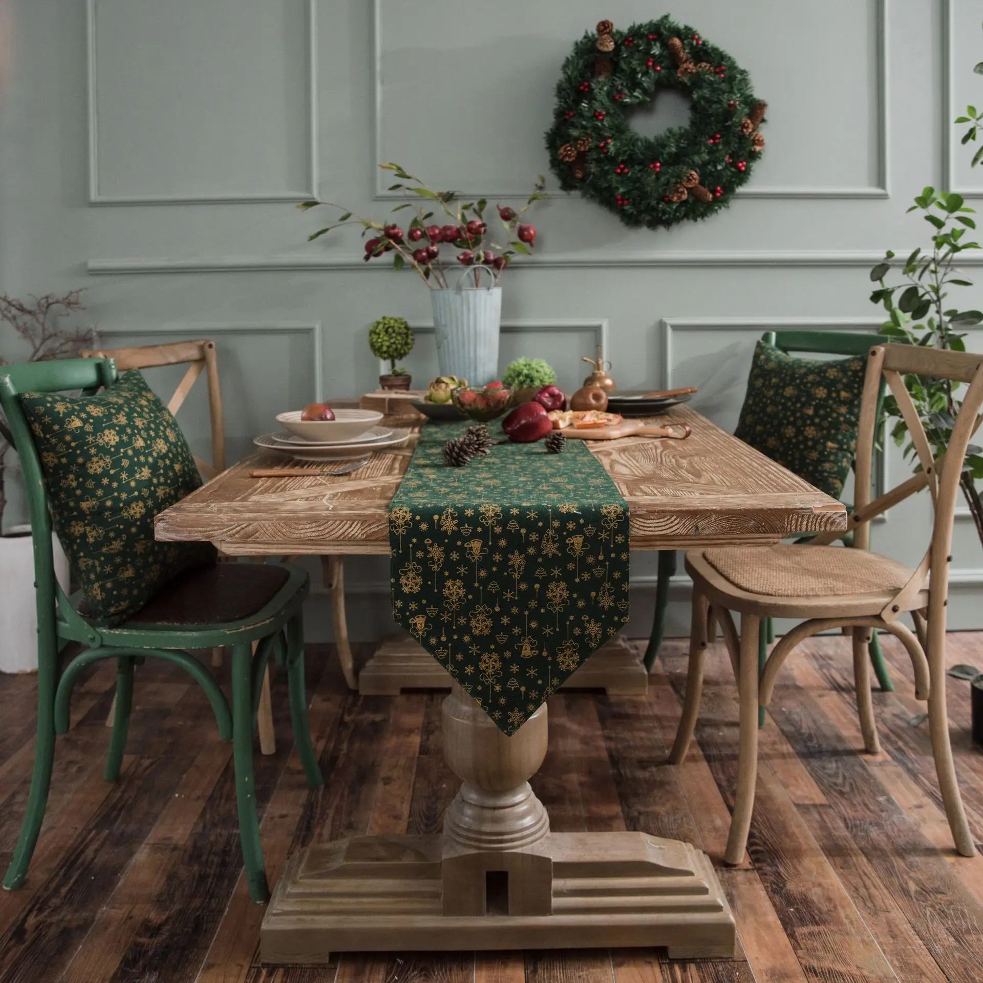 

Настольная дорожка для рождественской вечеринки, зеленая Золотая подстилка, деревенский домашний обеденный стол, украшения для стола, рожд...