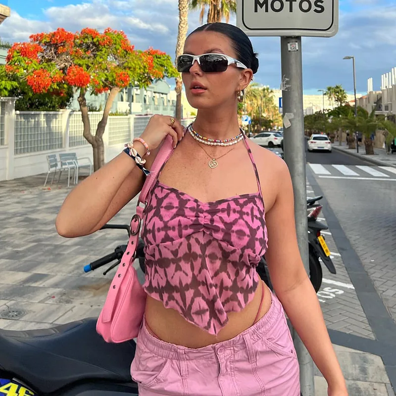 

Strange Cat Print Halter Camisole Y2K Women Backless Lace Up Navel Sexy Tank Top Stretchy Skinny Trend Street Hot Girl Wild Vest