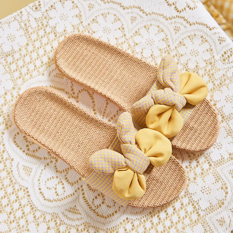 

2022 European and American women's bow linen sweat-absorbent non-slip home shoes 1040