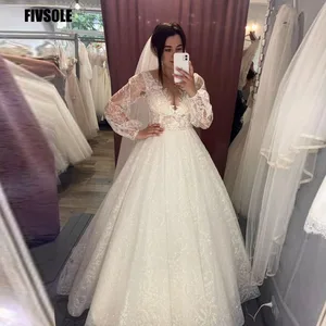 Fivsole Ball Gown Wedding Dress V-neck Luxury Sparkly Lace Tulle Bridal Gowns Sleeves Vestido De Novias Bohemian Robe De Mariée