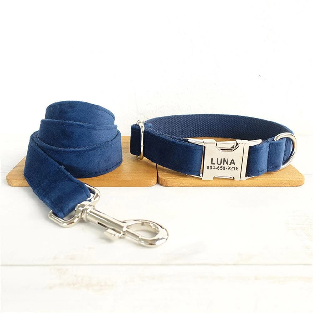Personalized Dark Blue Velvet Pet Collar Custom Puppy ID Tag Adjustable Cat Accessory Blue Velour Basic Dog Collars Leash