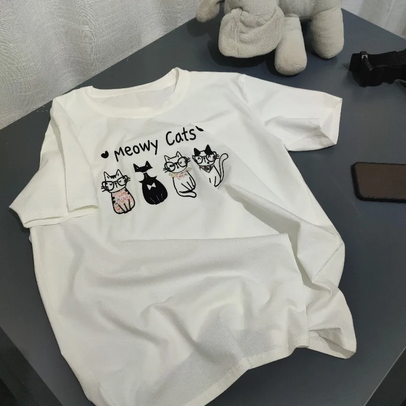 

Summer new all-match trend fashion women's kitten print T-shirt
