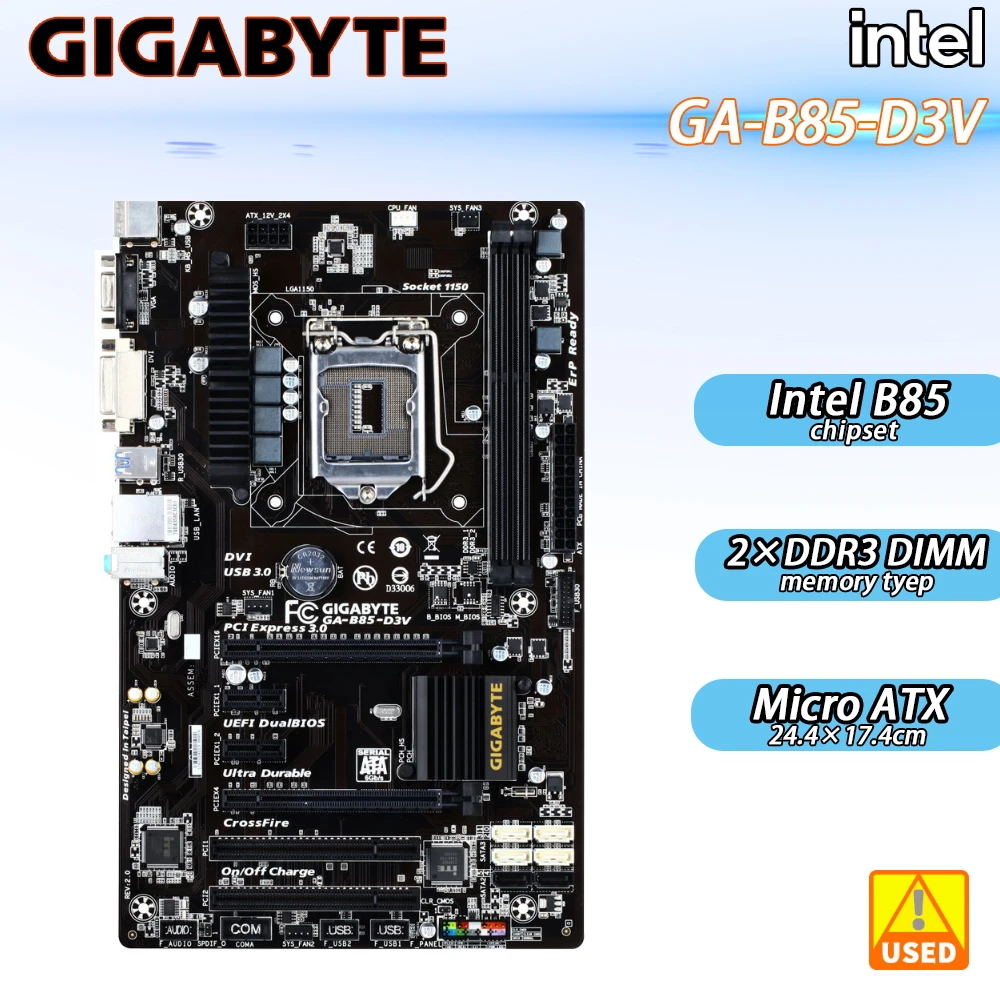 

Материнская плата Gigabyte 1150 с гнездом для чипсета Intel B85 1150 DDR3 16 ГБ PCI-E 3,0 SATA III AMD CrossFireX Micro ATX