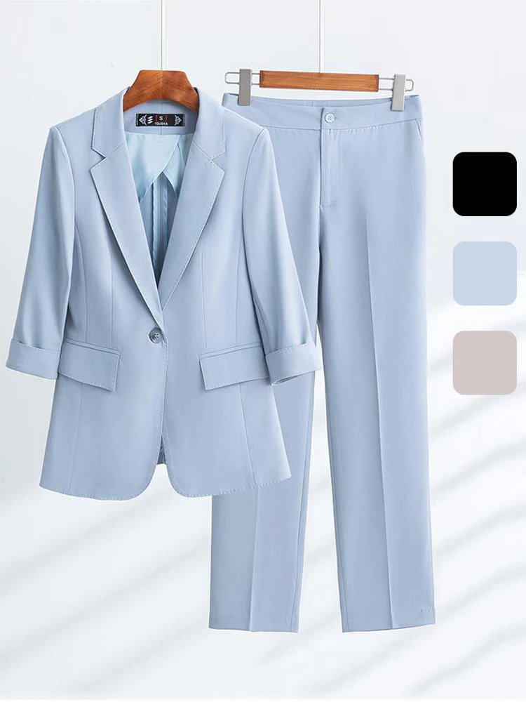 2022 Summer New Korean Style Office Women Blazer 2 Piece Set High Quality Fashion Slim Fit Ladies Jacket All-match Ninth Pants