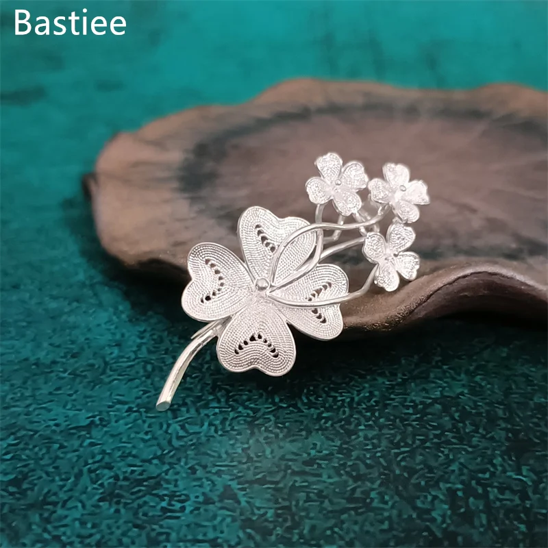 Bastiee S999 Sterling Silver Brooch Hmong Handmade Clover Ornament Bijoux Femme Luxe Quality Luxury Jewelry for Womwn