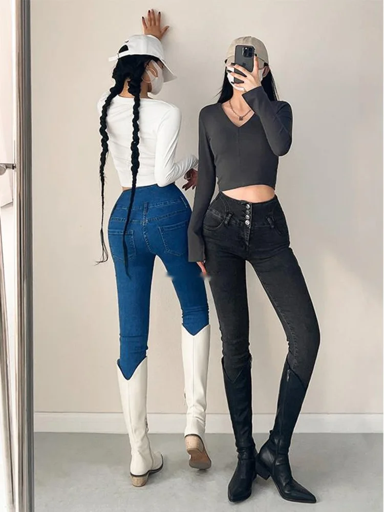 

Fashion Sexy Sweet Skinny Fitness Thin Single thickening High Waist Jeans Women Peach Hip Pencil Pants Denim Trousers V4R