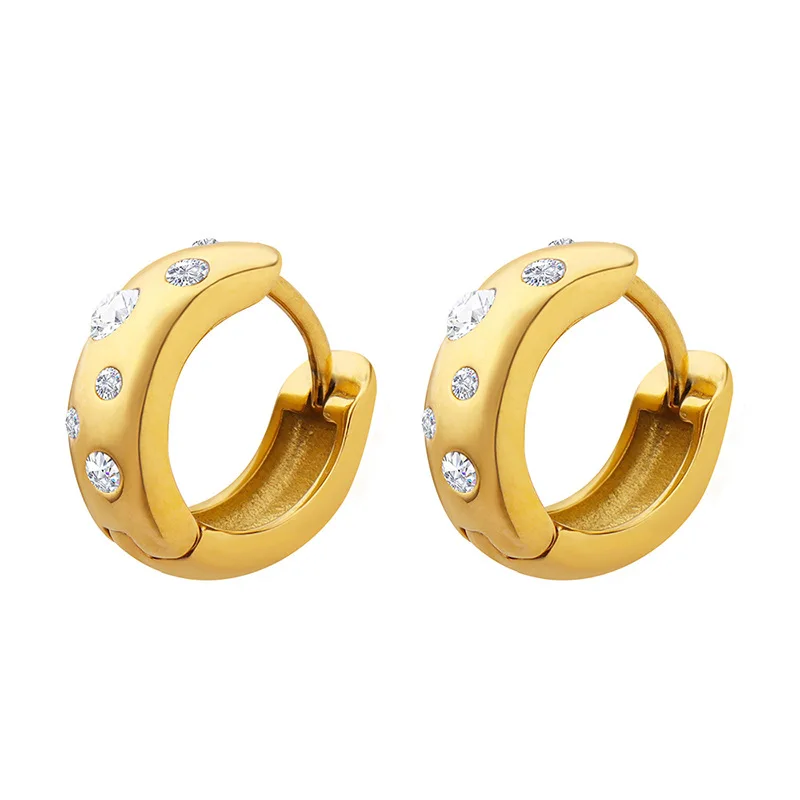 

Stainless Steel Round CZ Hoop Earrings High Quality Cubic Zirconia Golden Huggie Texture Waterproof Jewelry Gift New