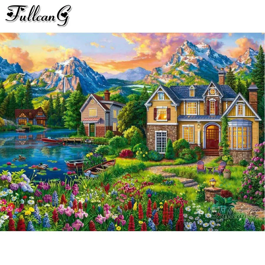 

FULLCANG mountain lake house 5d diamond painting cross stitch scenery diy full rhinestone embroidery mosaic picture FG1065