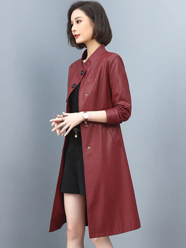 New Women Stand Collar Leather Coat Autumn Winter 2022 Casual Fashion Single Breasted Loose Slim Waist Split Leather Trench Coat