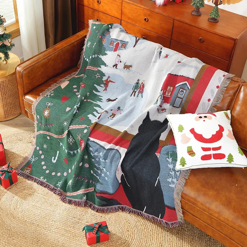 Рождественский домашний декор черный кот с домиком одеяло бахромой