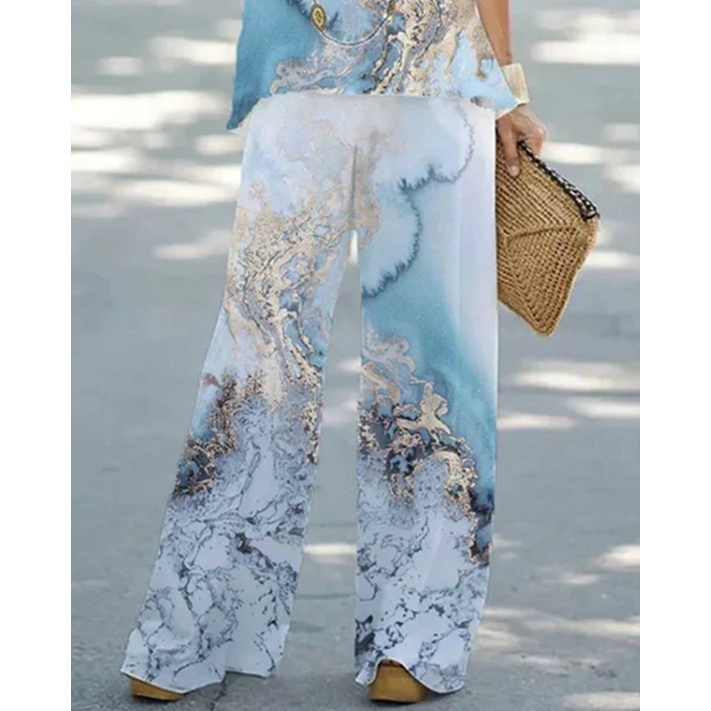 Summer Women Marble Print Round Neck Sleeveless Tank Top & Wide Leg Pants Set Causal Streetwear New In Suit 2023 y2k Clothes