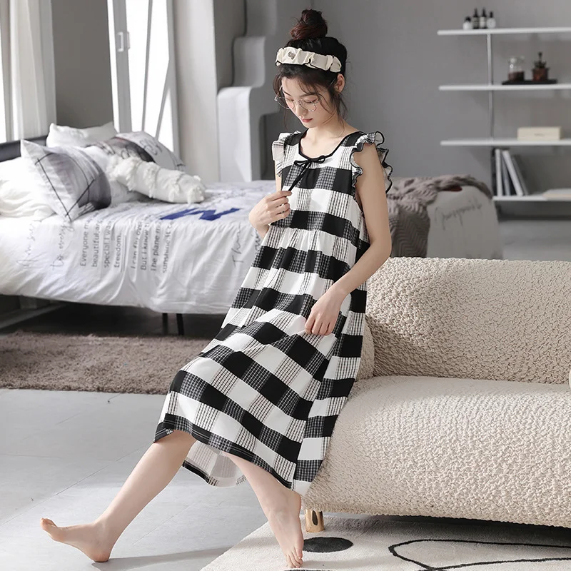 Women's Cotton Pajamas Summer round Neck Short-Sleeved Suspender Skirt Outerwear Homewear Suit