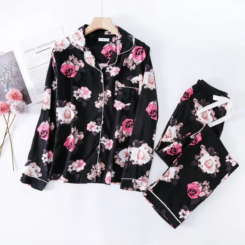 1 NEW  100% Viscose  Pajamas For Women 2022 Flower Print Home Clothes 2Pcs Set Sleepwear Female Tops+Pants Nighties Pijama Suit