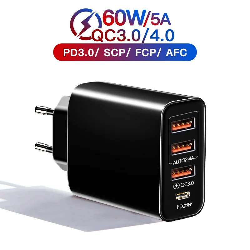 60W USB Type C Charger Quick Charge 3.0 Mobile Phone 4 Port Wall Fast PD Charger Adapter For iPhone 13 12 Pro Max Samsung Xiaomi