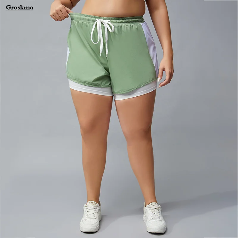 

Plus Size Women Yoga Shorts Gym Patchwork Fake Two Piece Fitness Sportswear Short Workout Running Clothing Tenis Feminino 4XL