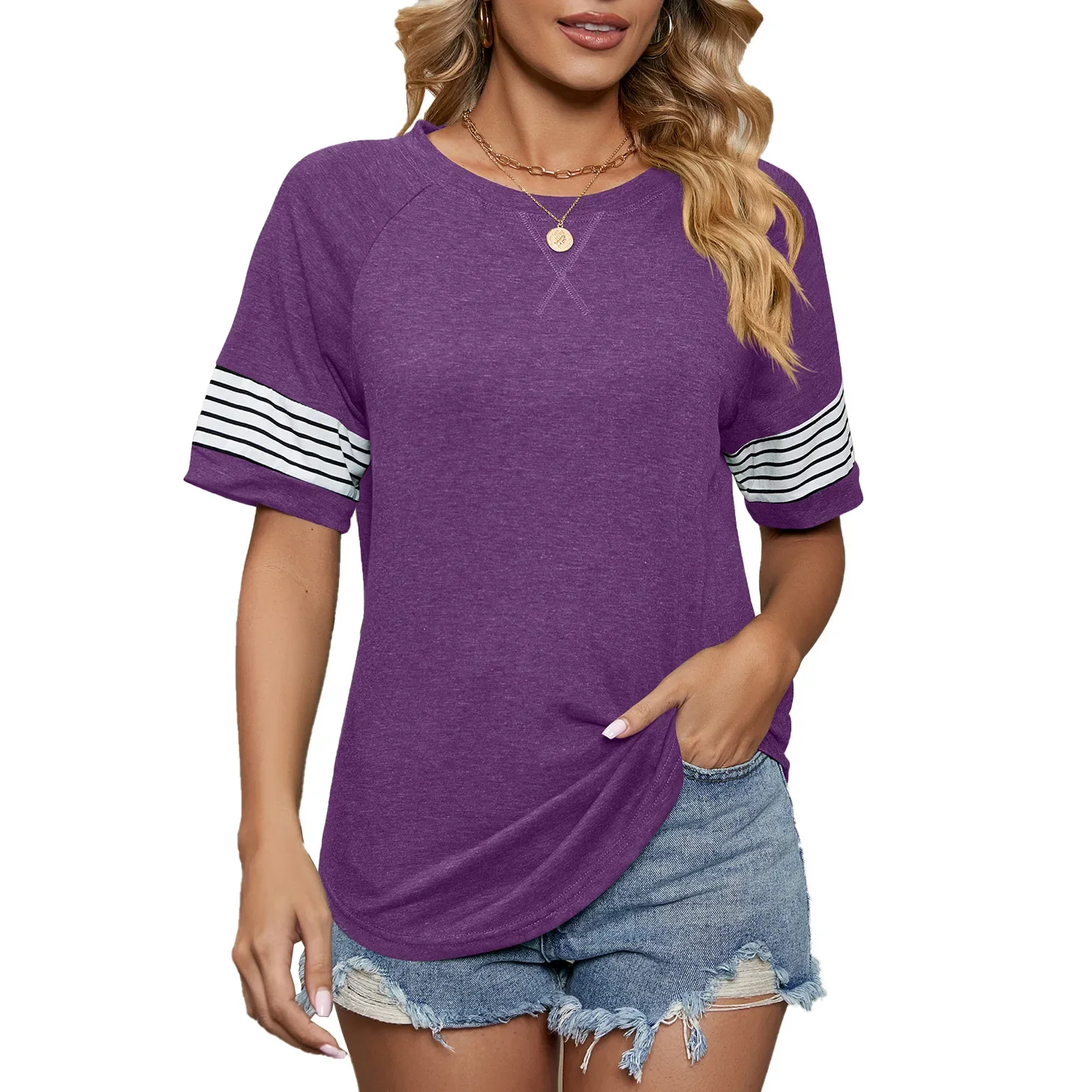 

Women Short Sleeve Solid Round Neck Stripe T Shirt Tops for Summer