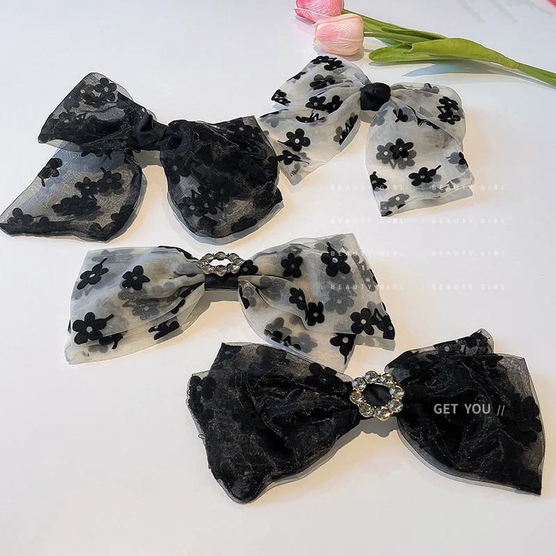

Organza Diamond Inlaid Printed Bowknot Hairpin Korean Temperament Lady Style Vintage Spring Clip Small