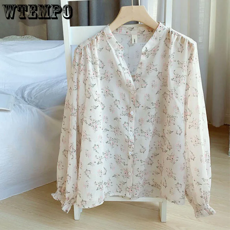 Summer Shirt Korean Woman Chiffon Tops Sweet Floral Lantern Sleeves Blouses V Neck Shirts for Women Temperament Top Blusas