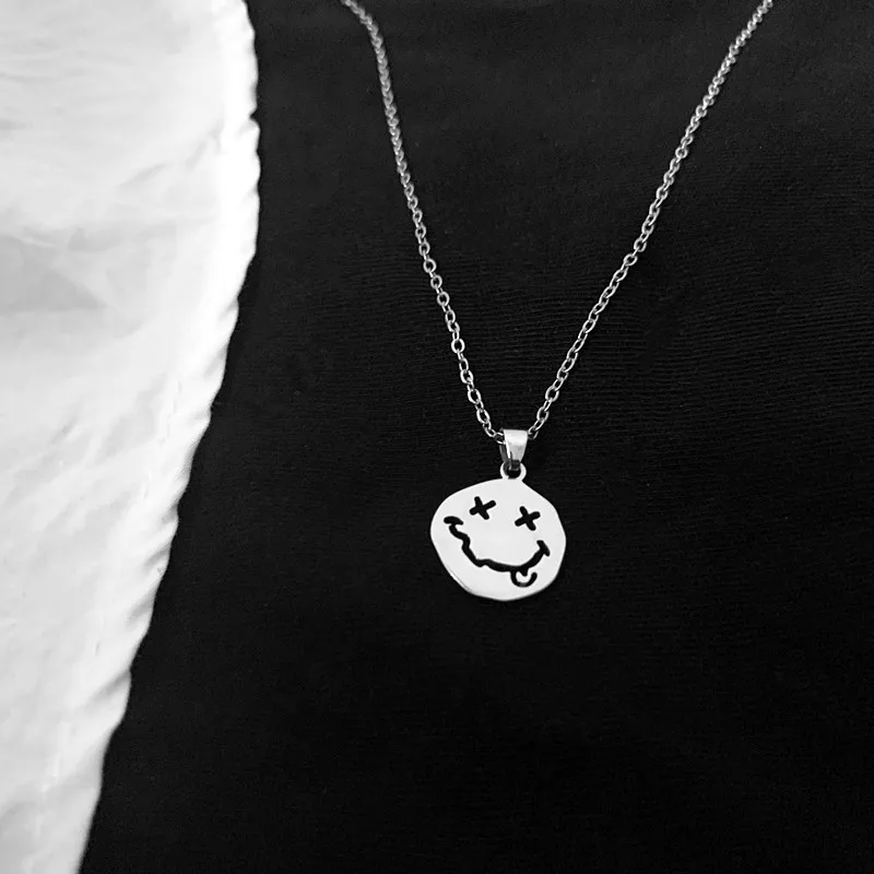 

Kpop Smiley Face Necklaces Goth Hip Hop Chain Stainless Steel Pendant Necklace For Women Men Girl Neck Chain Gothic Streetwear