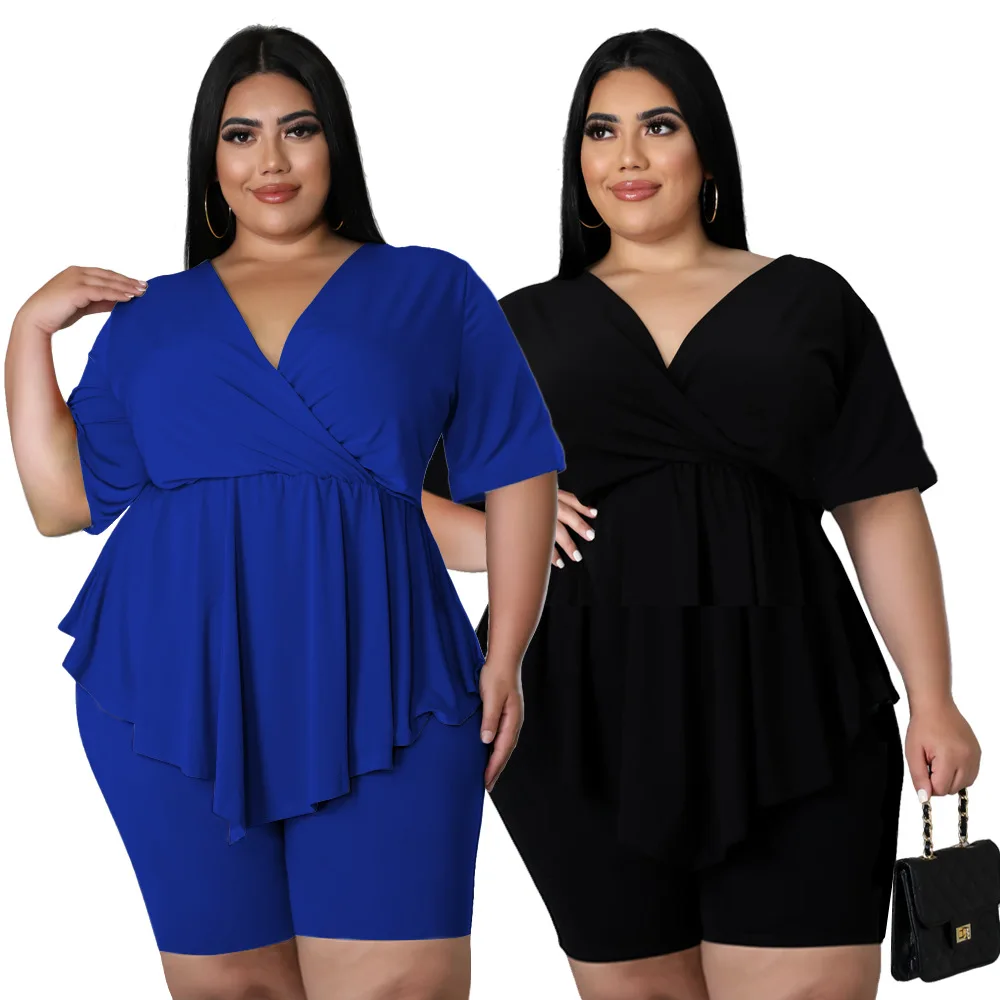 Plus Size Women 5xl Sets Solid Ruffle Shirt Tops And Short Pants 2022 Summer Fashion Two Piece Set Lady Cheap Wholesale Clothes