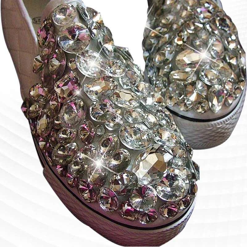 

Beige Low Top Rhinestone Flat Canvas Sneakers Walking Comfortable Handmade Rhinestone Unisex Vulcanized Shoes 35-46