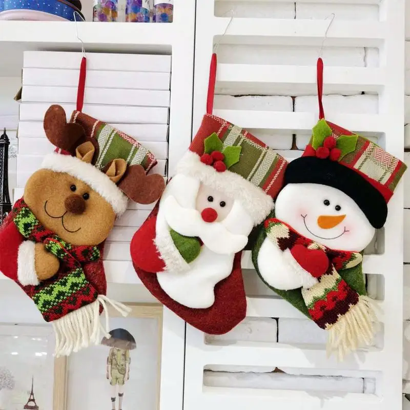 

Christmas Stocking Decorations 19 Inch 3D Santa Snowman Elk Christmas Gift Stockings Christmas Plush Fireplace Hanging Stockings
