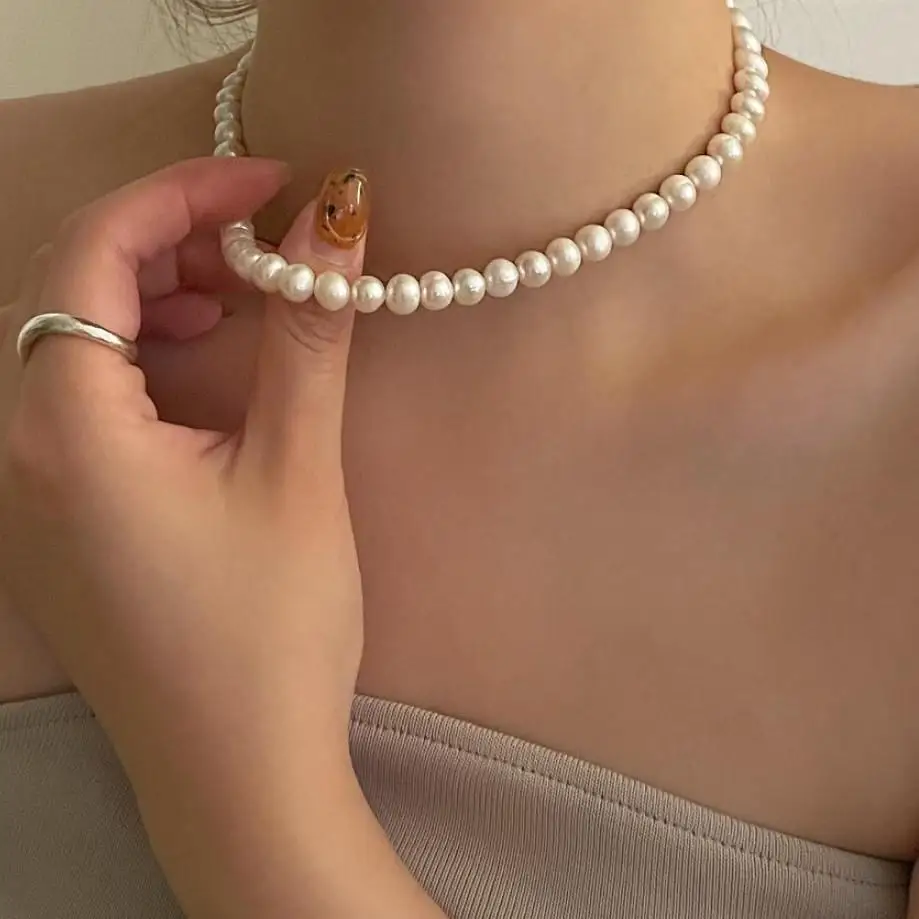 Silvology Real 925 Sterling Silver 6mm 8mm Natural Freshwater Pearl Choker Necklace for Women Baroque Simple 2022 Luxury Jewelry
