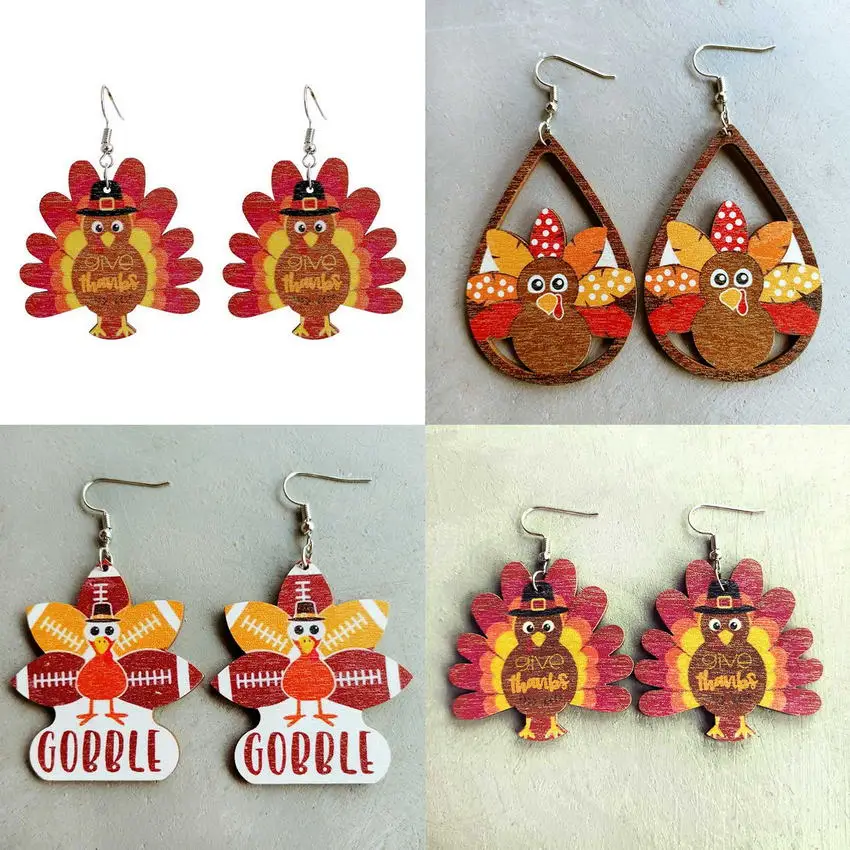 Laser Cut Wooden Turkey Earrings for Women 2022 New Fall Glowforge Thanksgiving Earrings Holiday Jewelry Whoelsale