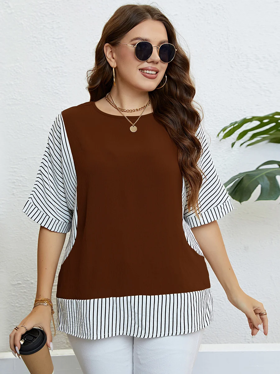 Summer crewneck panels fake two plus-size blouses roupas femininas plus size tops for women