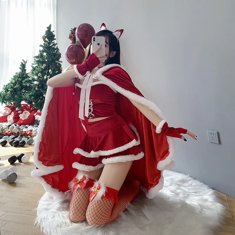 

Women Christmas Lady Santa Claus Cosplay Costume Winter Red Top Skirt Cape Cloak Sexy Lingerie Maid Bunny Uniform Fancy Dress