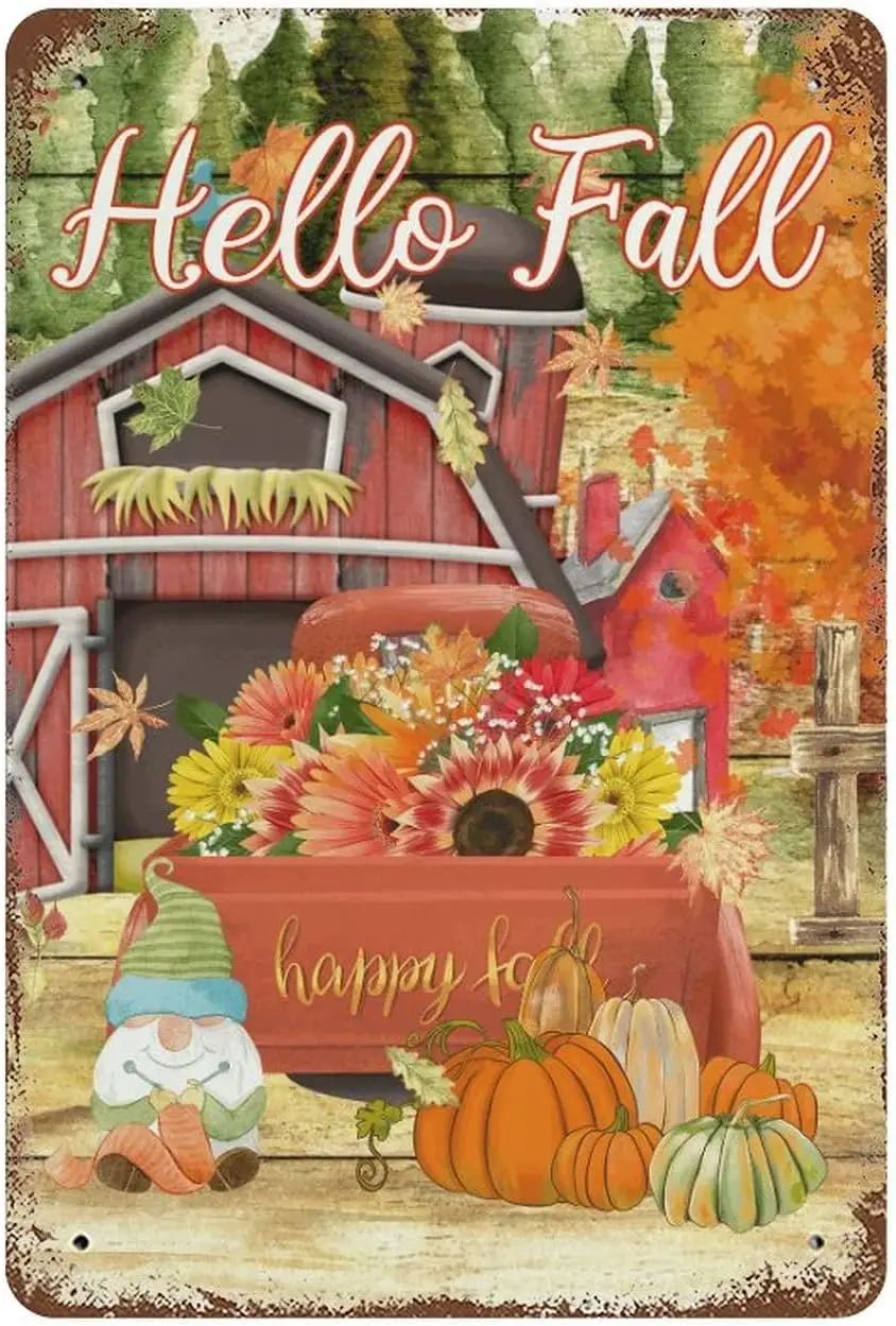 Ctom Metal Sgns Outdoor Hello Fall Tn 8x12 n Gnomes Truck Autumn Pumpkn Vntage Funny Garage