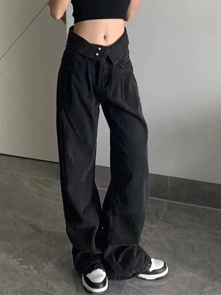 

High Waist Vintage Jeans Women 2022 Self Cultivation Button Straight Wide Leg Denim Trouser Streetwear Simple Mopping Jean Pants