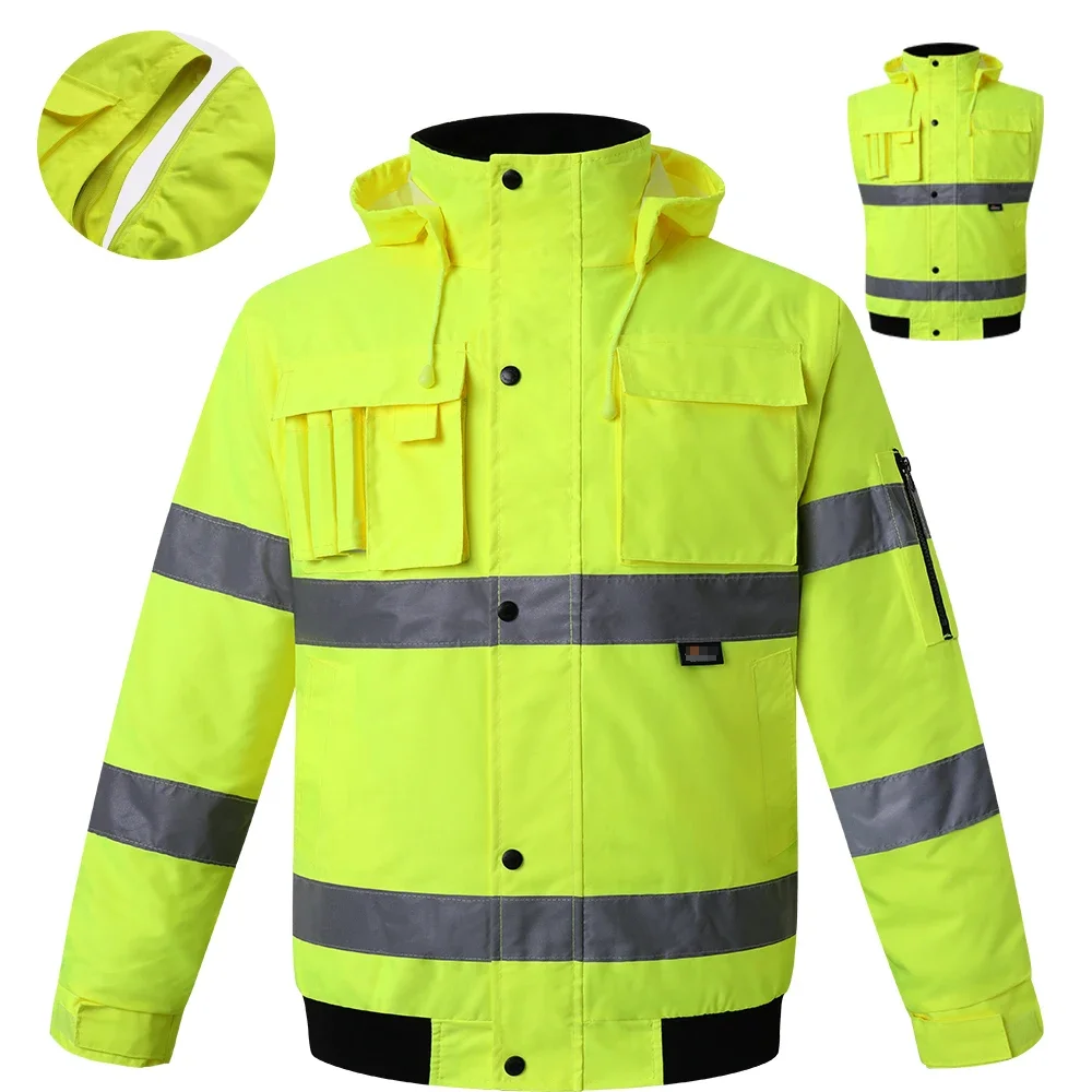 

Men's Winter Reflective Safety Jacket Warm Windproof Waterproof Jacket Removable Sleeves Reflective Work Clothes