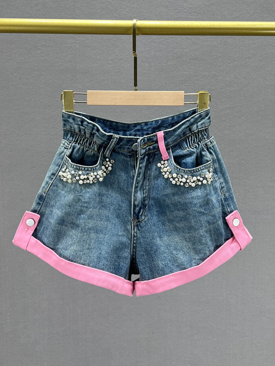 Chic Beaded Denim Shorts for Women 2023 New Summer High Waist Loose Slimming Diamond Color Block Flanging Wide-Leg Jeans Shorts