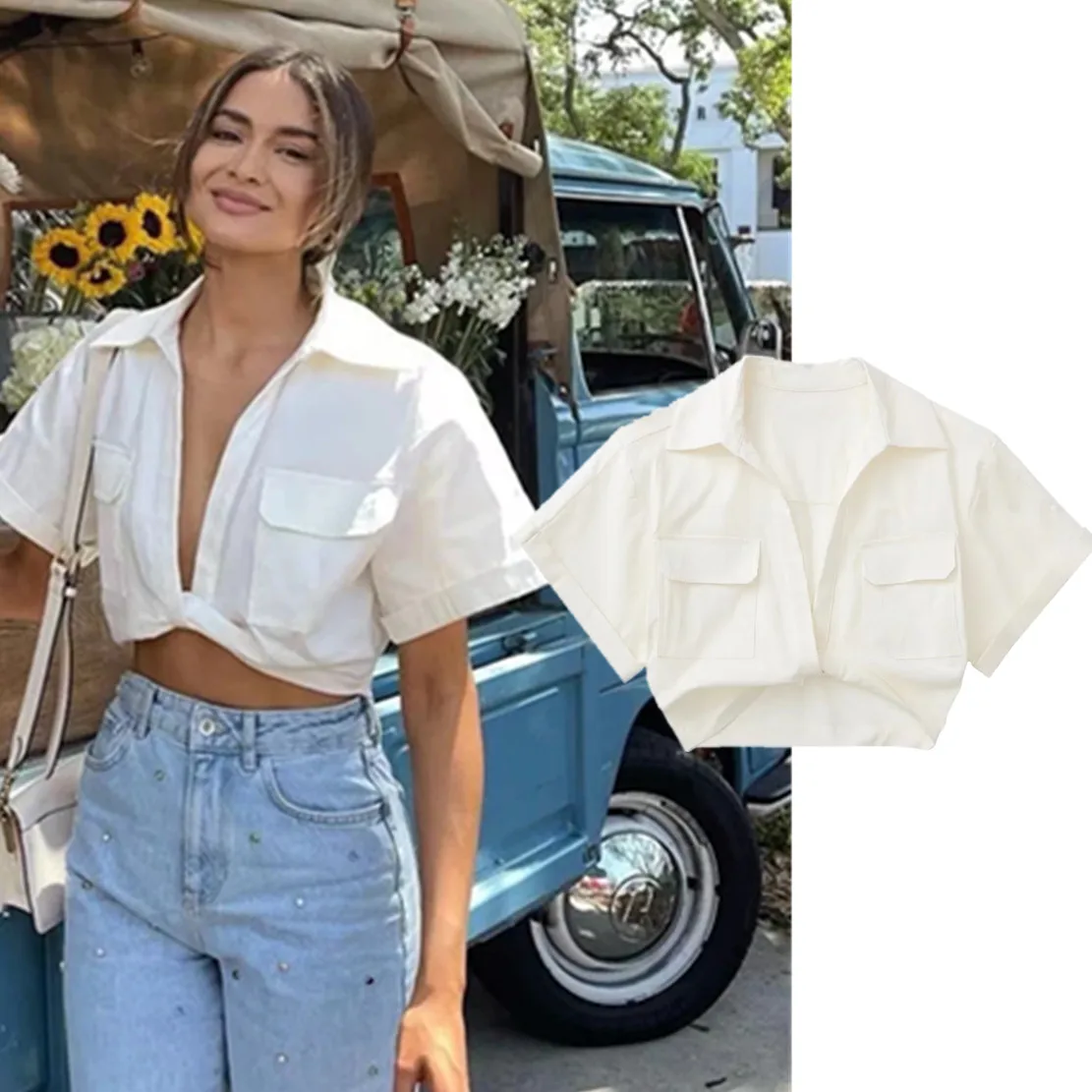 

Jenny&Dave England Style Vintage Cargo Solid High Street Summer Blouse Women Indie Folk Pockets Short Tops Linen Shirt