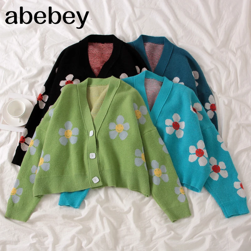 Preppy Style Flower Knit Cardigans Sweater Women V Neck Loose elegaht Thicked Pull Femme Print Short Casual Coat 46565
