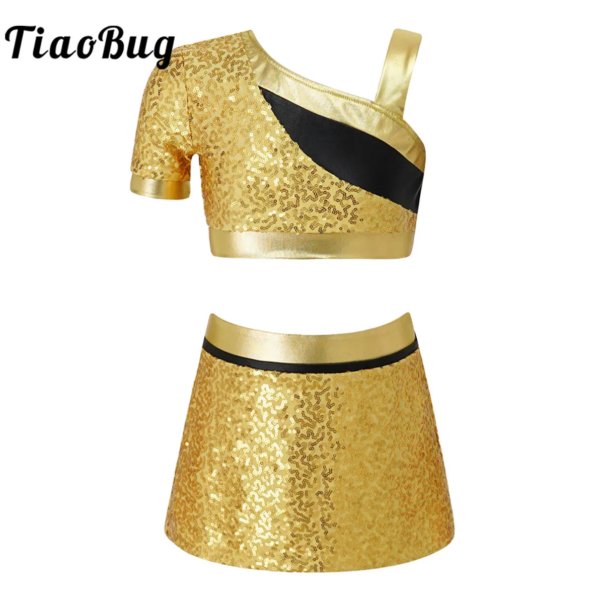 

2Pcs Sequins Ballet Dance Dress Kids Girls Single Short Sleeves Shiny Gymnastics Leotard Crop Top&Skirted Shorts Set Dancewear