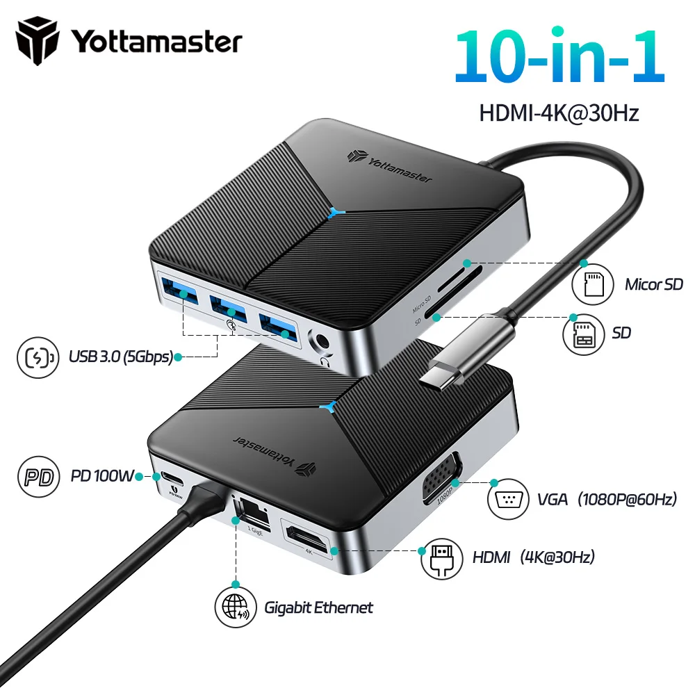 

Yottamaster 10 Ports -in-1 USB C Hub with 4K HDMI,VGA