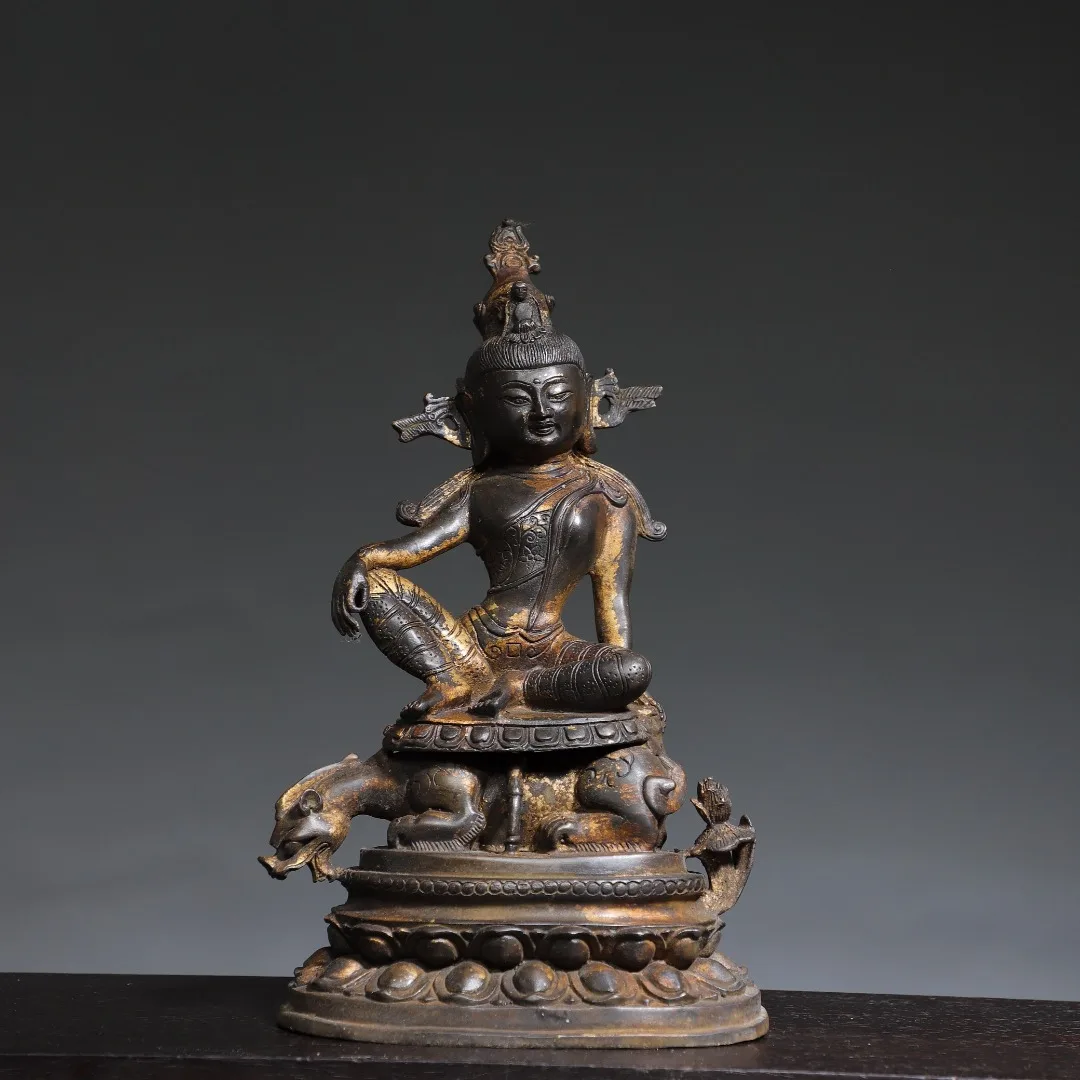 

9"Tibet Temple Collection Old Bronze Cinnabar Mud gold Manjushri Bodhisattva Sitting God Beast Lotus Platform Worship Hall